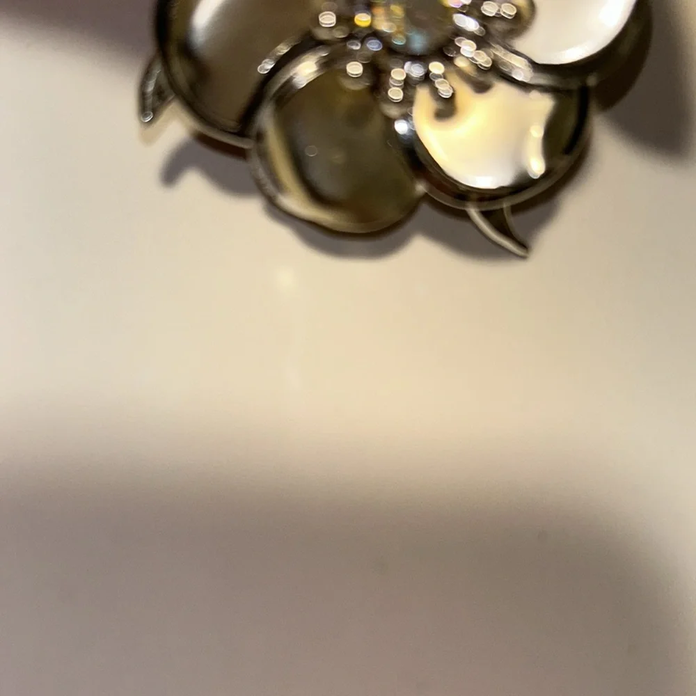 Silver Matte and Glossy Flower Brooch with a Aurora borealis Crystal